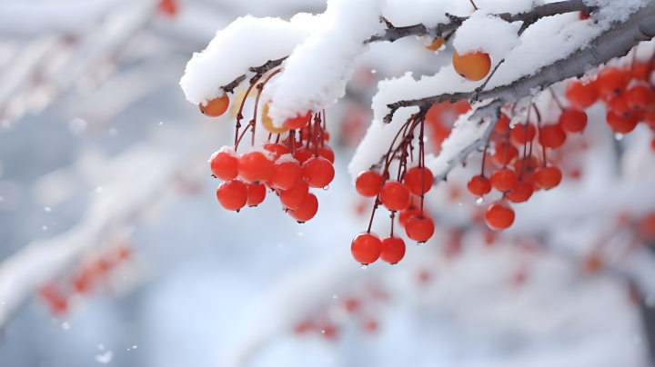 雪中鲜红浆果与树旁的雪景摄影图版权图片下载