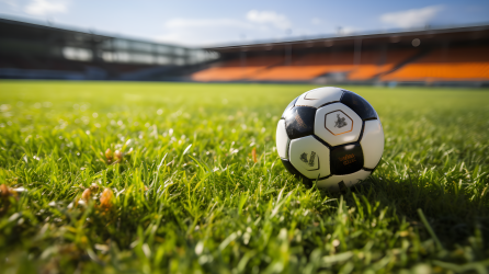 开放体育场上的草地上的光橙色和翠绿色足球摄影图片