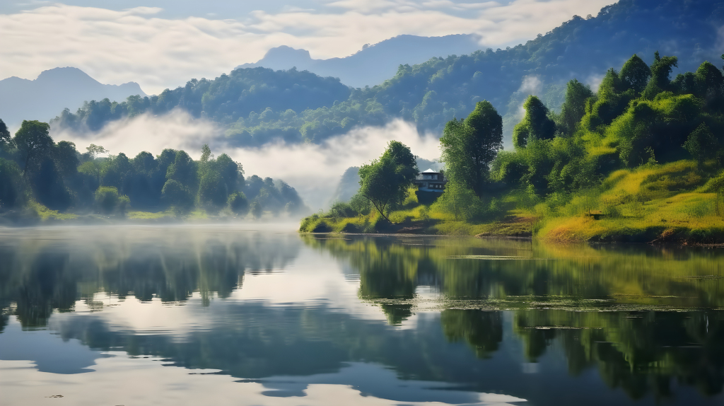 清澈湖泊绿树自然风光摄影版权图片下载