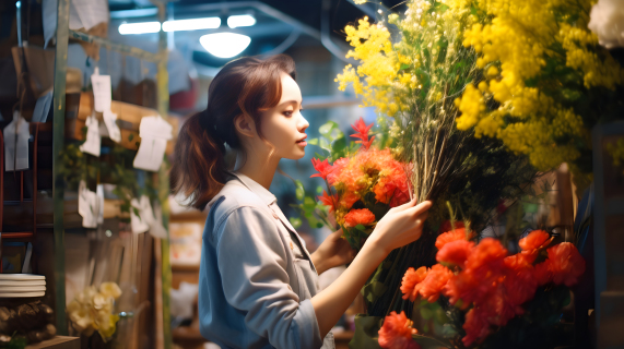 中国花店内的美丽女子挑选鲜花摄影图片