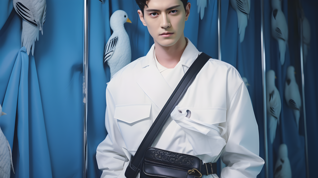 年轻男子手持刺绣猫头鹰挎包的快照美学摄影图片