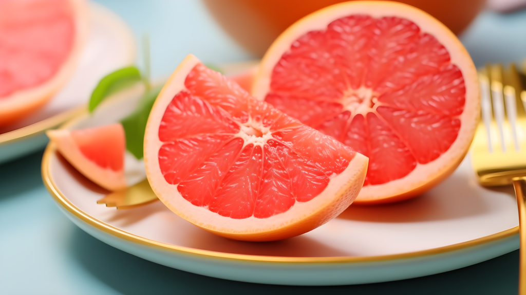 明亮背景下的两片葡萄柚和叉子摄影图片