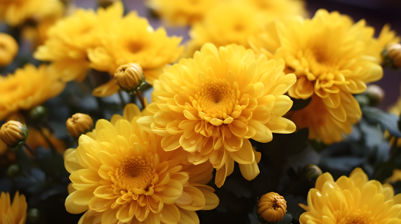 黄色西周朝风格的映照菊花摄影图