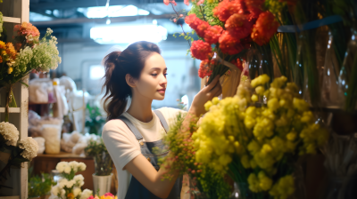 中国美女在花店挑选鲜花摄影图片