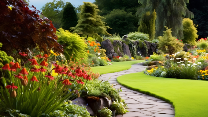 花园一角，远处的树林，附近的花朵摄影图片