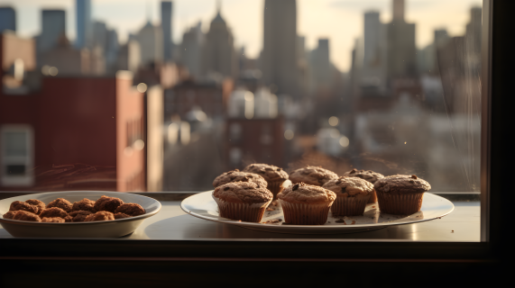 纽约新闻报道风格下的窗前盘上松饼摄影图