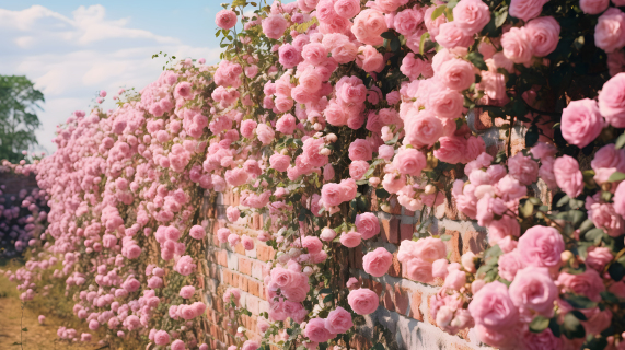 墙上生长的粉色玫瑰刺篱有机印象主义摄影图