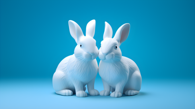 蓝底下两只白兔照片