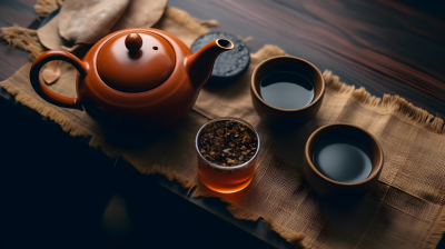 紫砂壶木桌上的茶具摄影图片