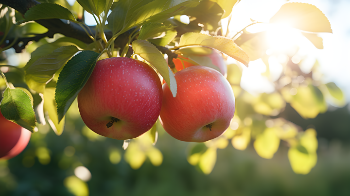 挂在树上的三个苹果，轻红和浅褐色风格的挪威大自然摄影图版权图片下载