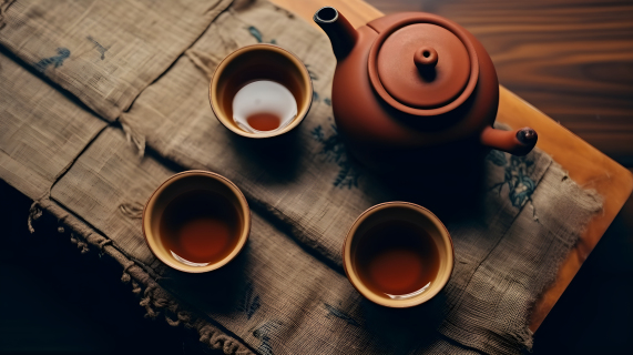 木桌上的棕色茶具摄影图片