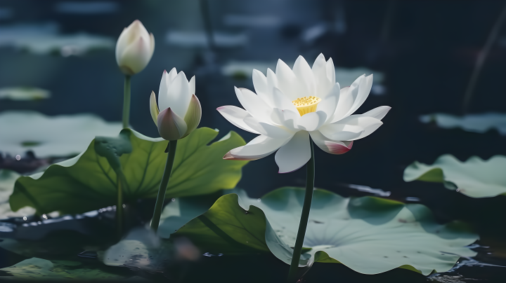 荷塘中盛放的两朵白莲花摄影版权图片下载