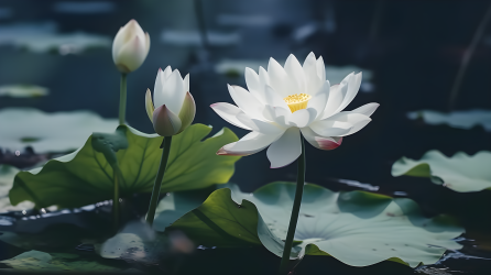 荷塘中盛放的两朵白莲花摄影图片
