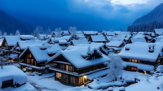 飘雪覆盖的小村庄摄影图片