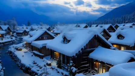 飘雪覆盖的乡村风光摄影图片