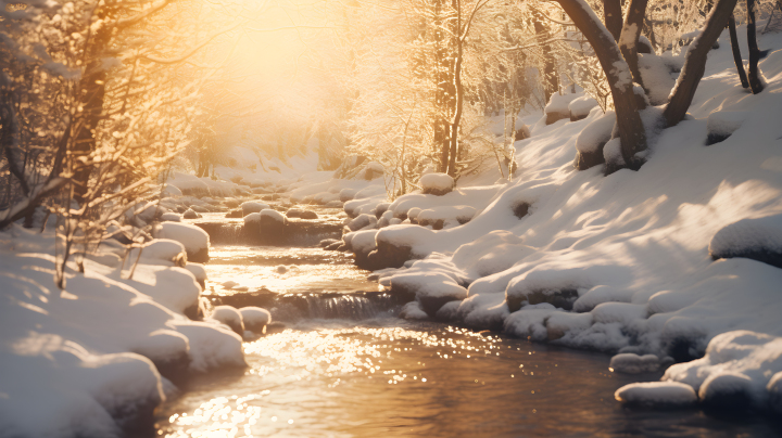 雪景溪流橙光铜影摄影图版权图片下载