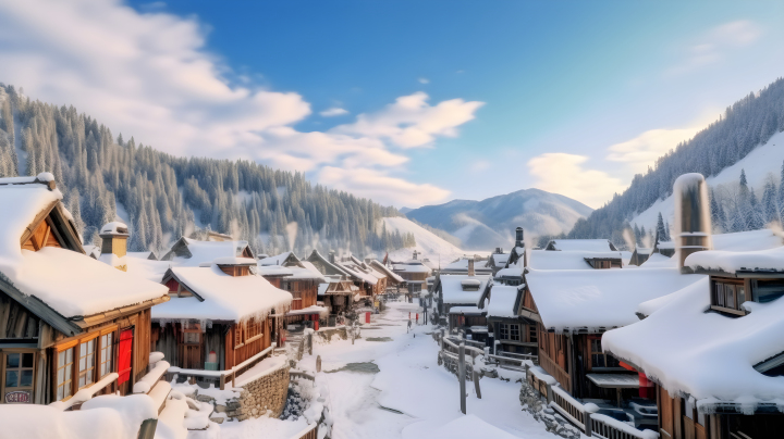 白雪覆盖的村庄摄影版权图片下载