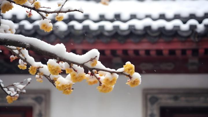 屋檐下的雪覆梅花摄影版权图片下载