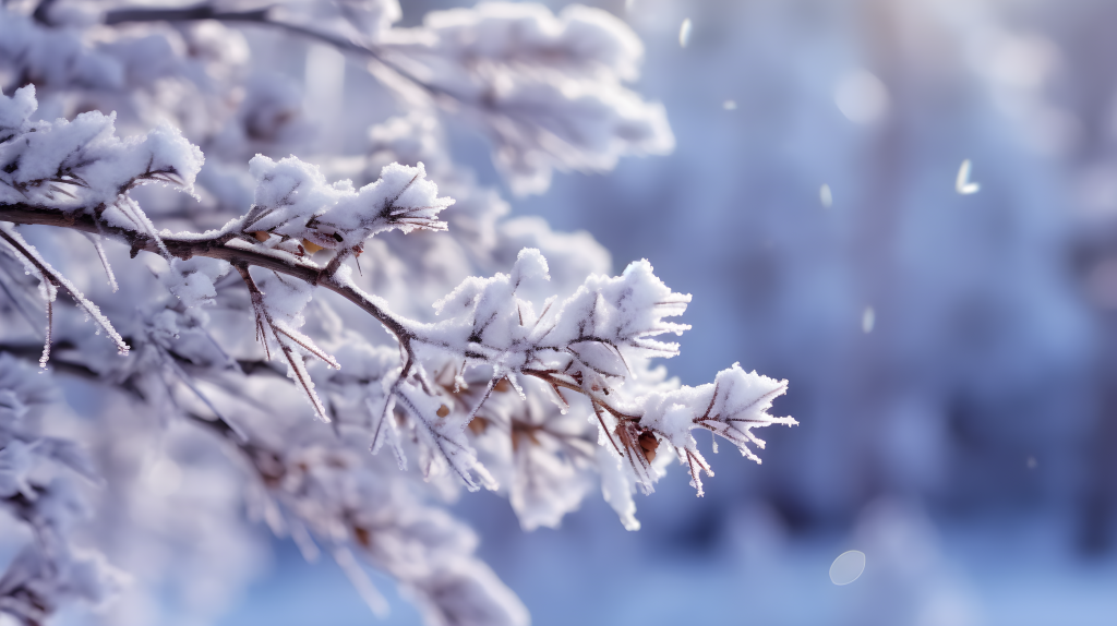 雪覆松枝的摄影图片