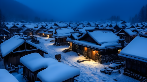 风雪覆盖的村庄摄影图片