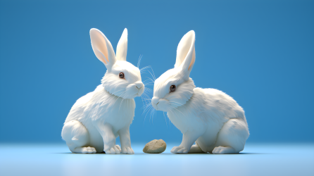 蓝色背景上的两只白兔摄影图片