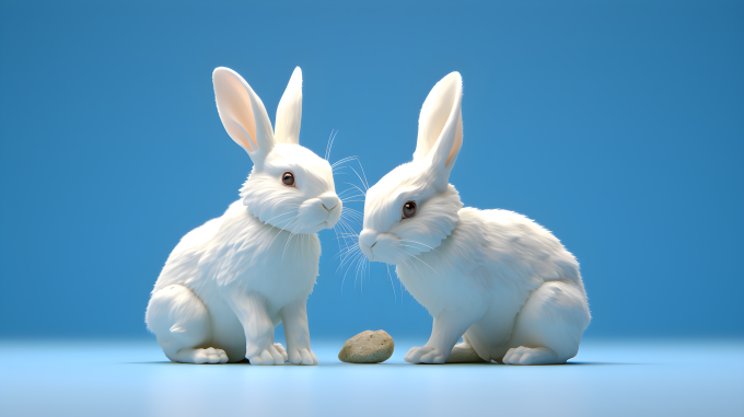 蓝色背景上的两只白兔摄影图片