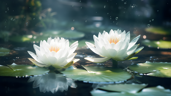 水中盛开的两朵白莲花摄影图