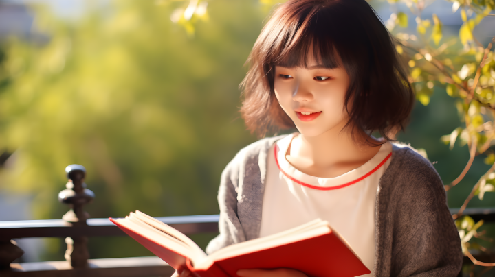 靠在栏杆上阅读书籍的中国少女摄影版权图片下载