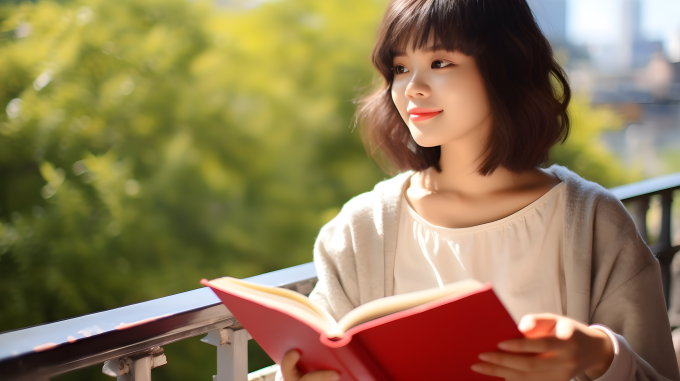 栏杆上的中国女孩阅读书籍摄影图片