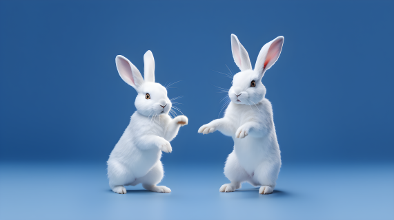 蔚蓝边框下的两只白兔摄影图片