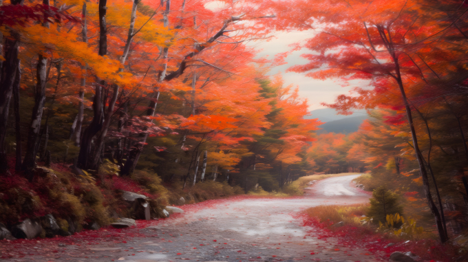 山路两旁红枫叶摄影图片