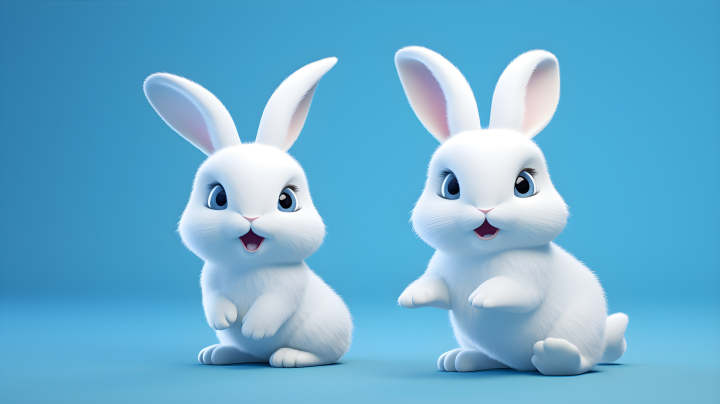 蔚蓝背景下的两只白兔摄影版权图片下载