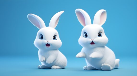 蔚蓝背景下的两只白兔摄影图片