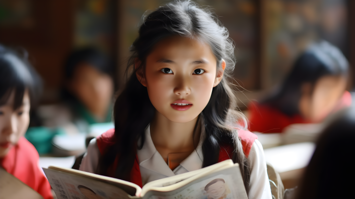教室里的穿校服的中国女孩摄影版权图片下载