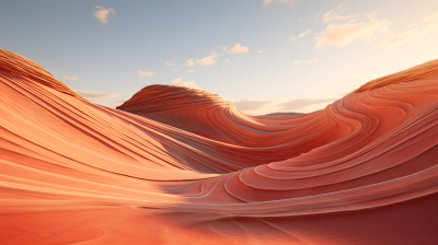 早晨沙漠中的波浪纹崖壁摄影图