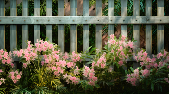 木栅栏与粉色花朵的园景摄影图