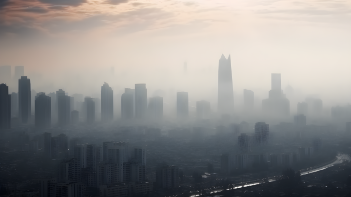 雾霾下笼罩城市场景摄影图版权图片下载
