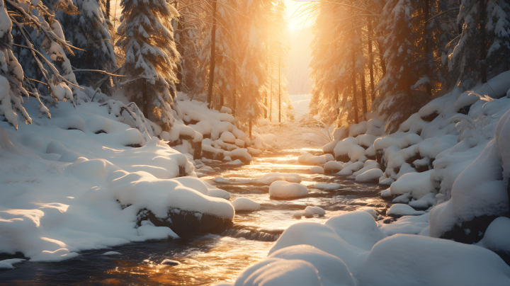 雪中溪流，橙色和铜色的光线照射下版权图片下载