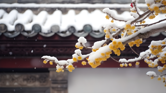 中国传统屋檐下的雪中梅花摄影图片
