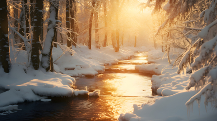 雪地溪流阳光