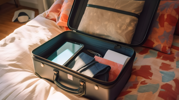 开放的行李箱中的时尚衣物和笔记本电脑摄影图片