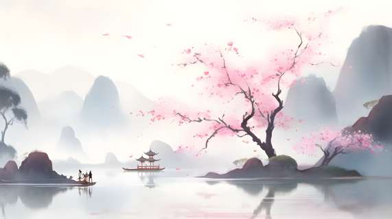 湖边粉色桃树水墨画景观摄影图