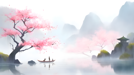 水墨山水湖畔淡粉桃树优雅色彩摄影图