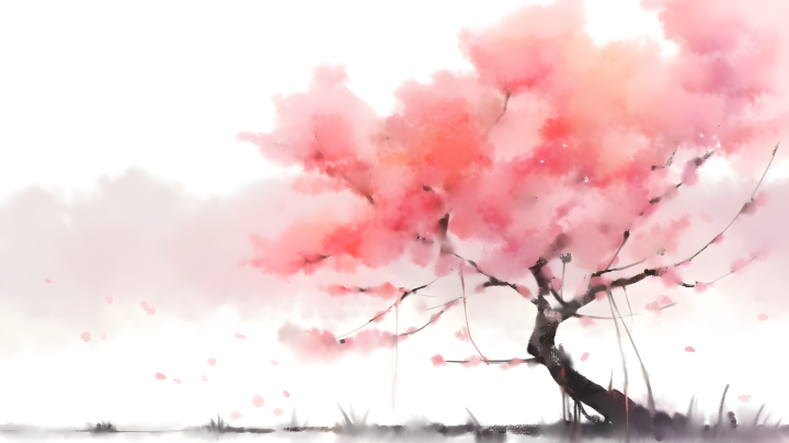 淡粉色桃树水彩画图摄影版权图片下载