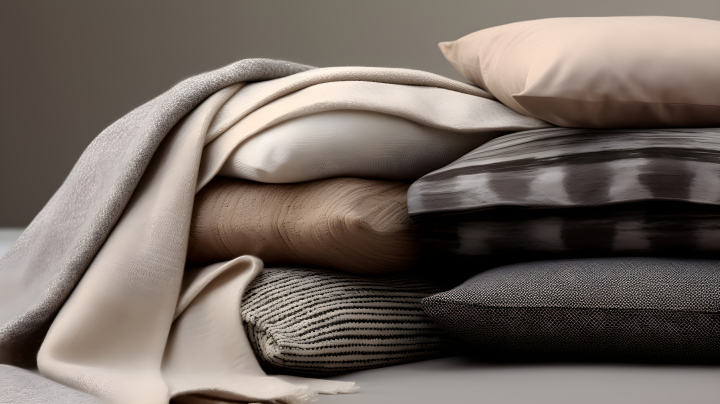 暖色调的毛地毯和床上用品布料摄影版权图片下载