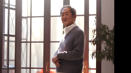 中国老人站在窗边摄影图