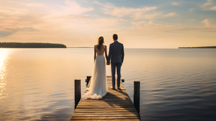 码头上湖畔的新郎新娘摄影图