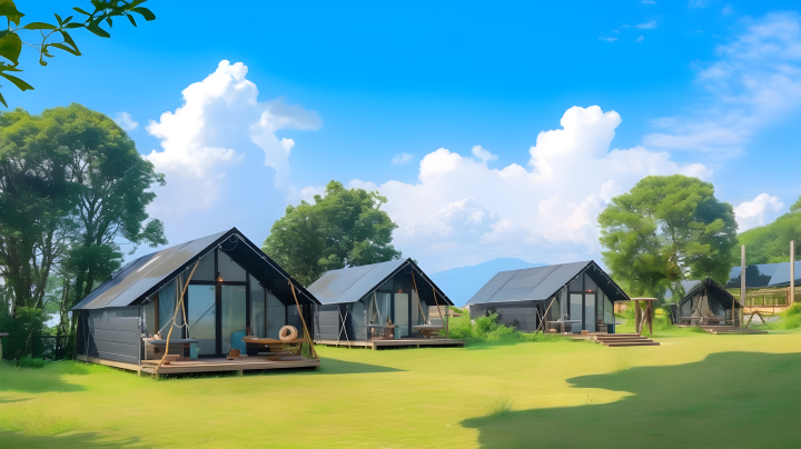蓝天白云，草地和这些小屋的写实风格摄影版权图片下载