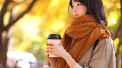 秋日风景中，一个戴着黄色围巾的女孩手持咖啡杯的摄影图片