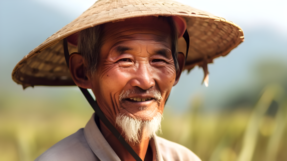 微笑的稻草帽老人摄影图片